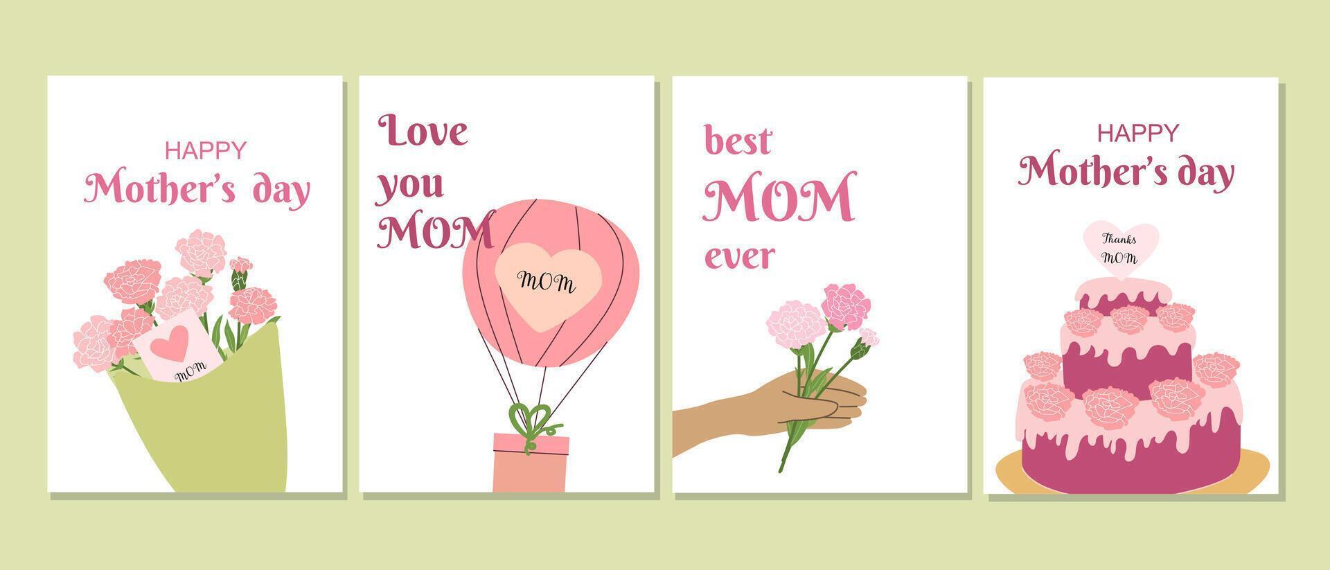 Mother's day greeting card designs with carnations and heartfelt messages vector