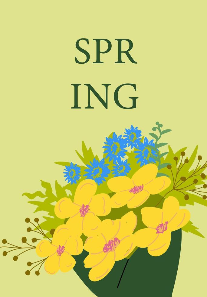 Spring floral bouquet with yellow and blue flowers on green background vector