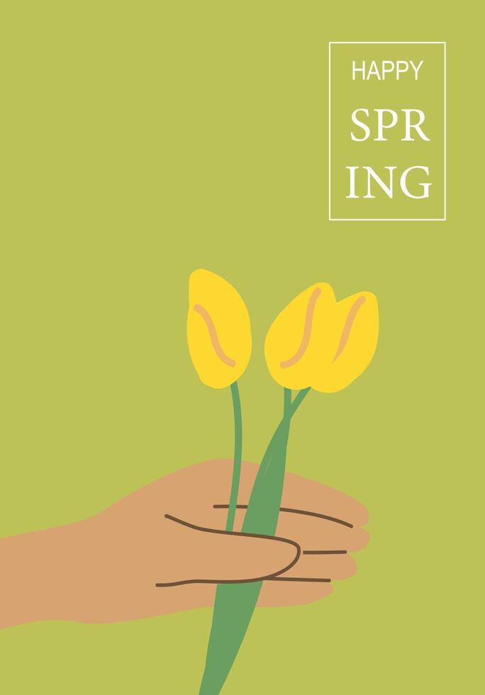 Hand holding yellow tulips on green background with happy spring text design vector