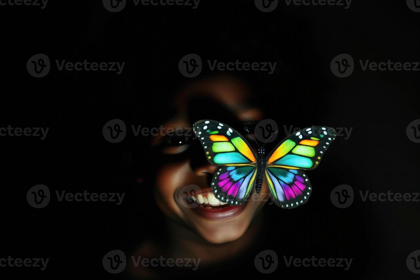 Smiling Child in Dark with Glowing Multicolored Butterfly in Dramatic Low-Key Portrait Zero Discrimination Day photo