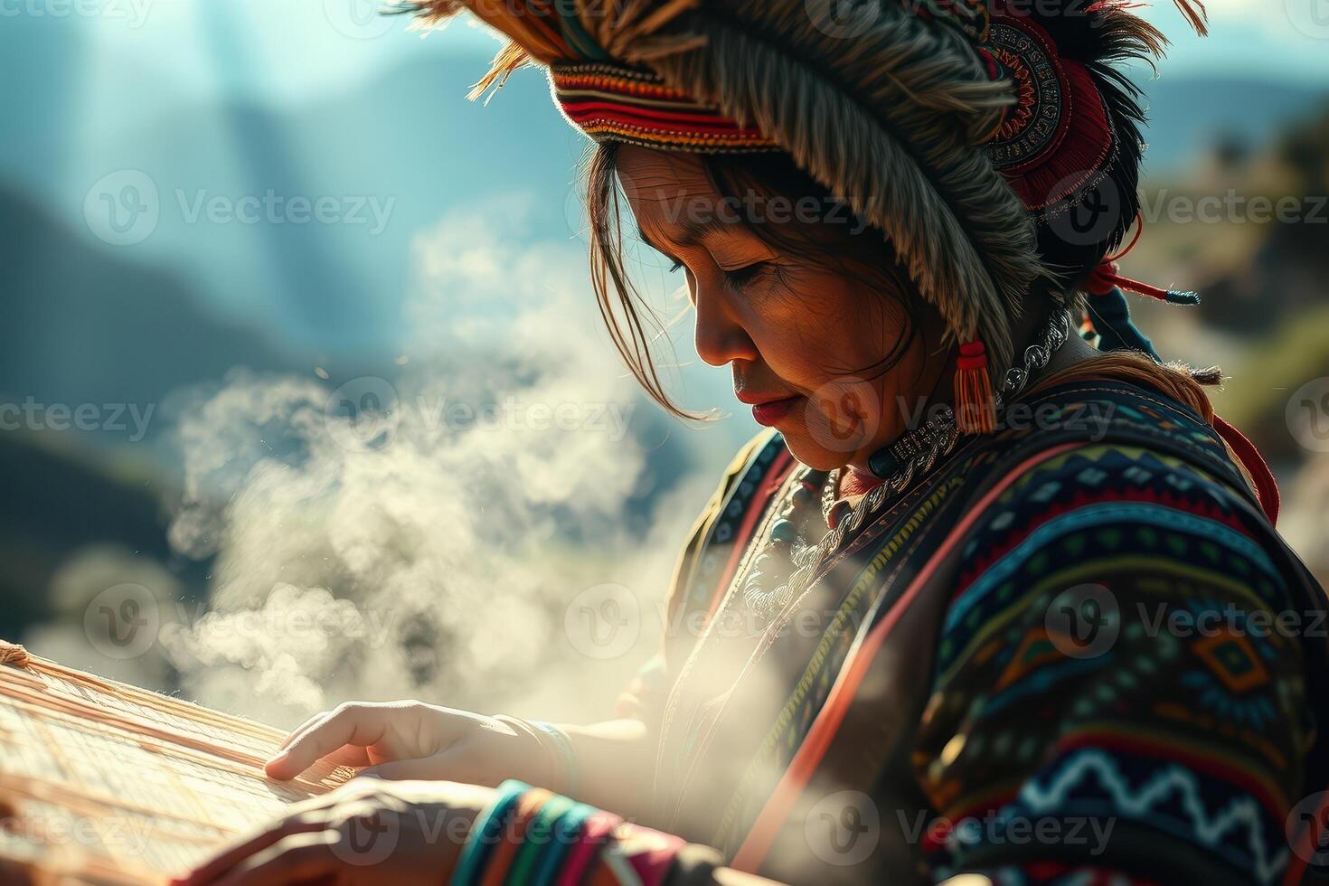 Indigenous Artisan Weaving Colorful Textile on Loom in Traditional Attire, Showcasing Intricate Patterns and Cultural Heritage photo