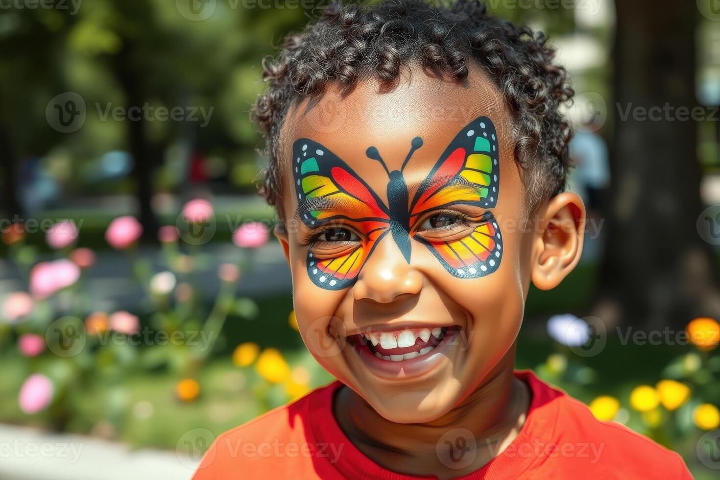 Smiling Child with Colorful Monarch Butterfly Face Paint in a Bright Outdoor Park with Blooming Flowers Zero Discrimination Day photo