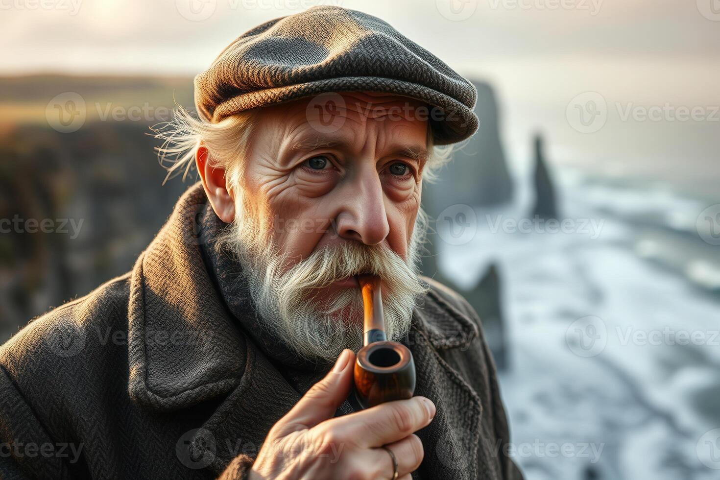 Elderly man with white beard smoking a wooden pipe near ocean cliffs at sunset with dramatic lighting and a nostalgic vintage atmosphere photo