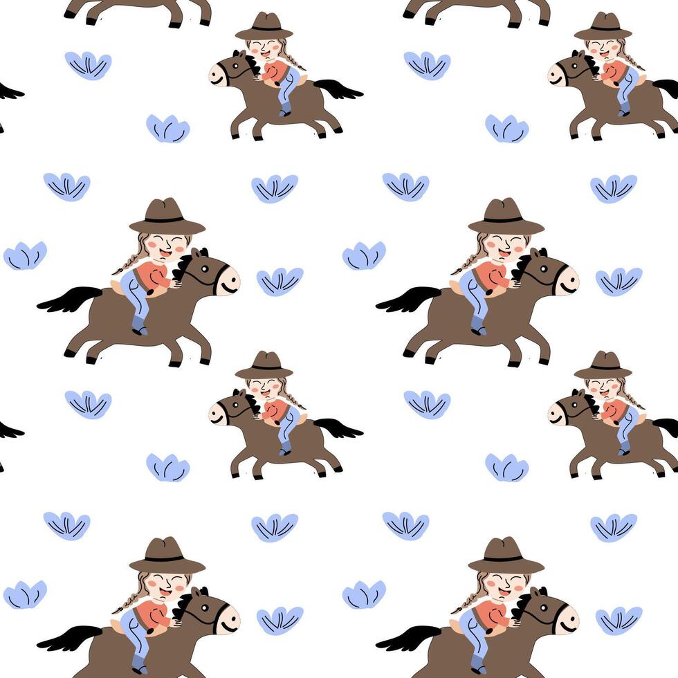 Playful cowboy themed pattern with kids on horses for child decor and textiles vector