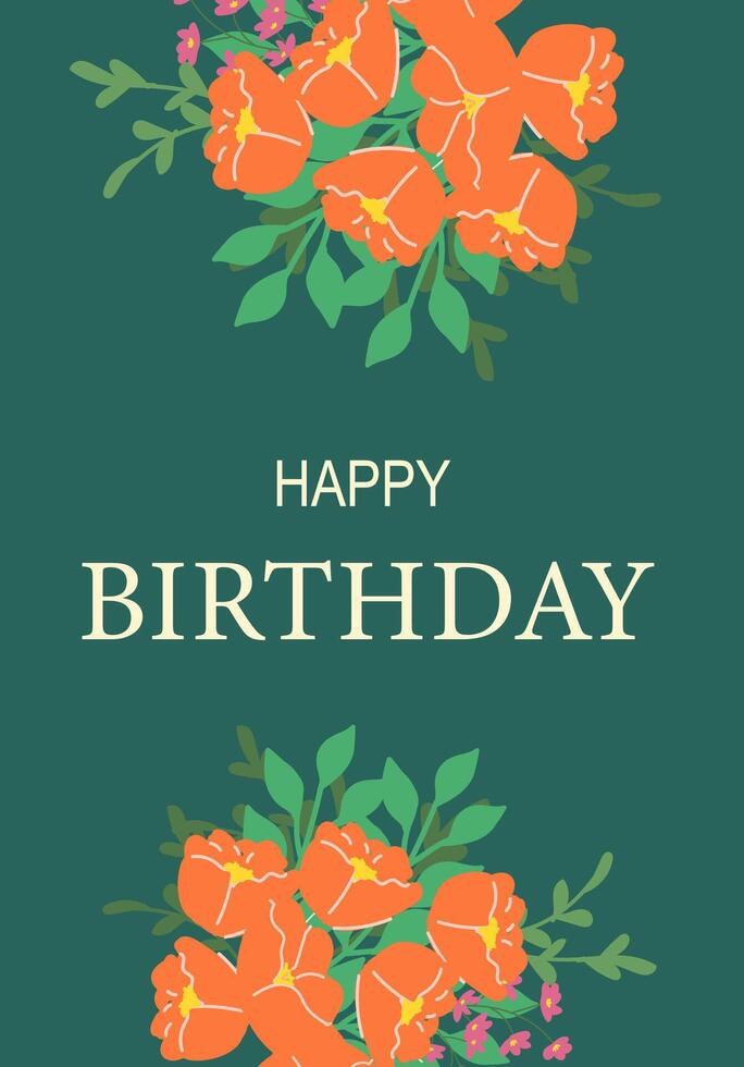 Happy birthday card with orange flowers and green leaves on teal background vector