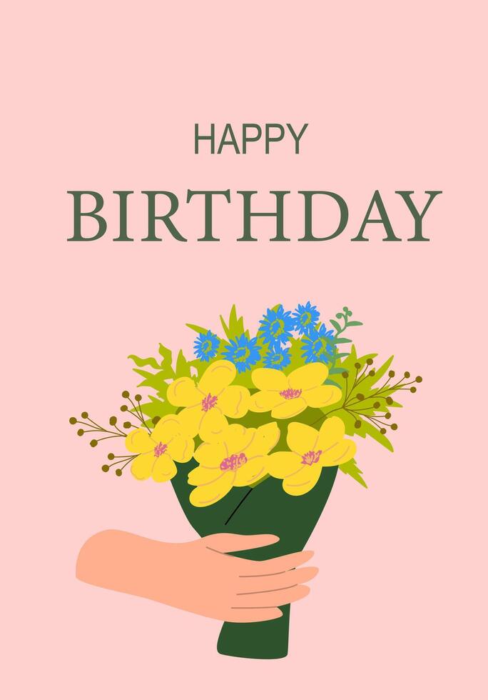 Floral bouquet with yellow and blue flowers on happy birthday card vector