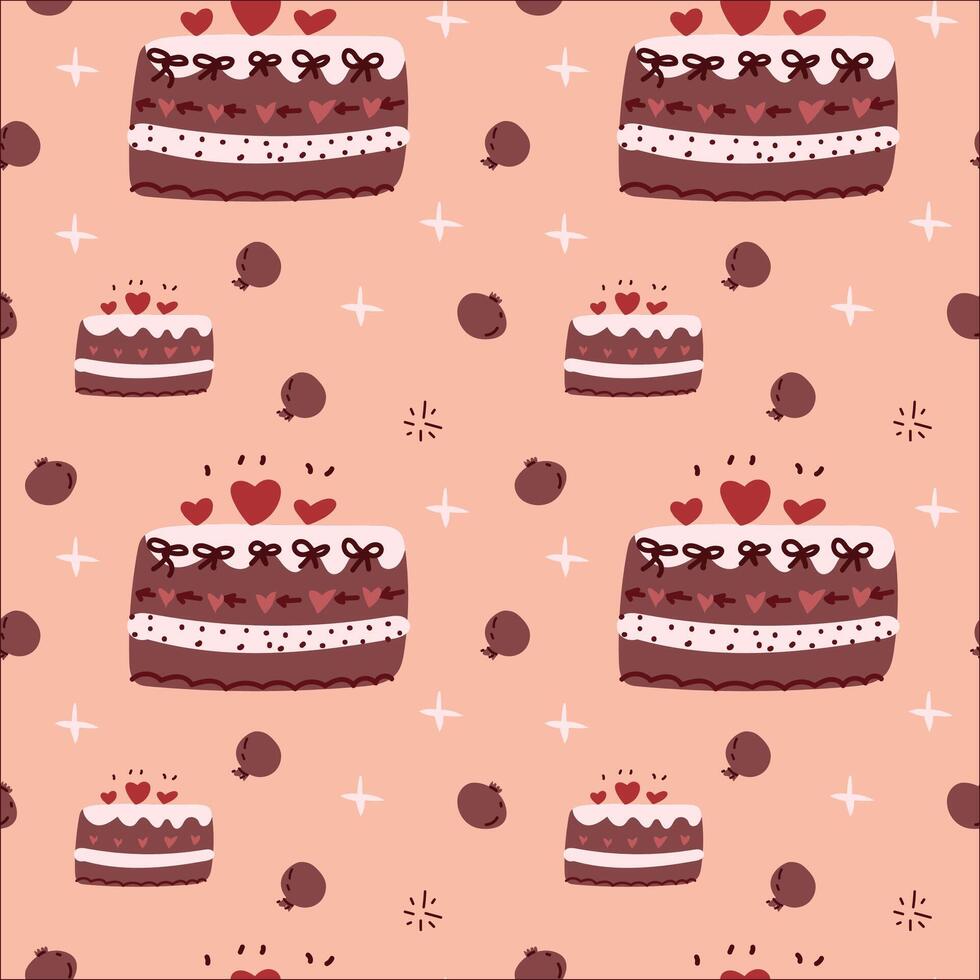 Seamless cake pattern with hearts and decorative elements on pink background vector
