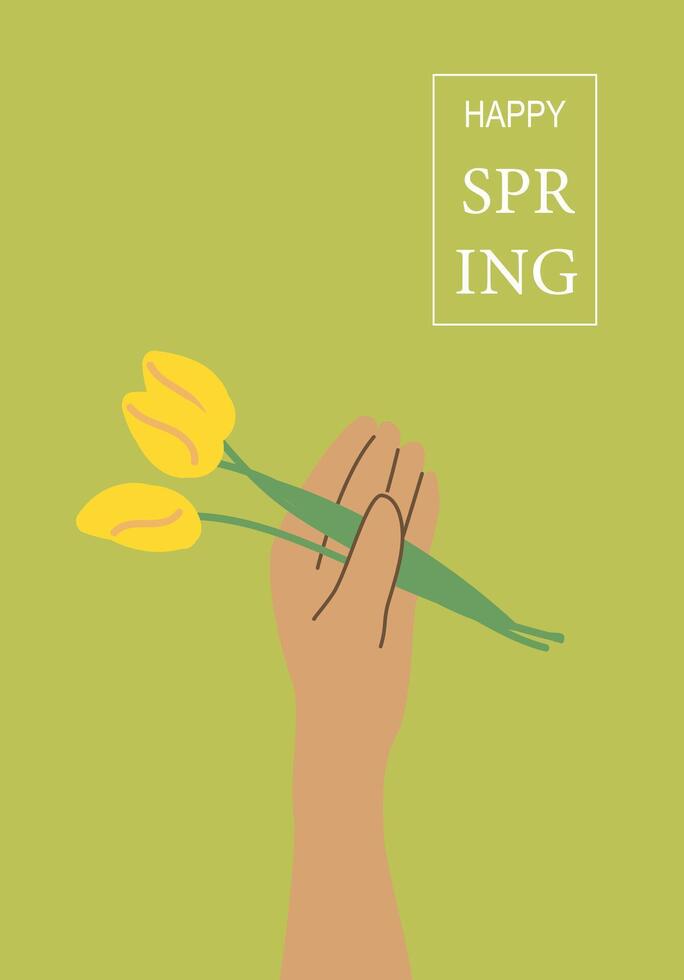 Illustrated hand holding yellow flowers celebrating happy spring on green background vector