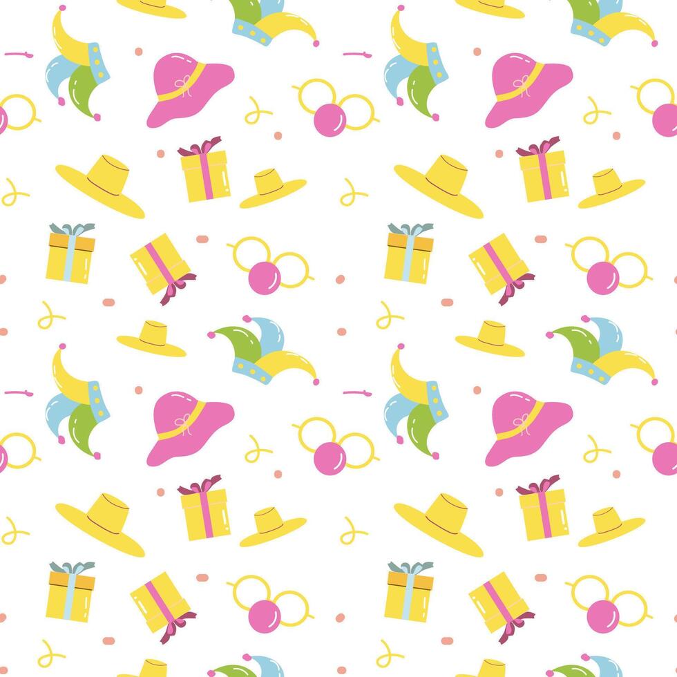 Colorful pattern with hats, gifts, sunglasses, and arrows on white background vector