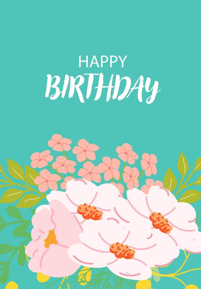 Happy birthday card with pink floral design on turquoise background vector