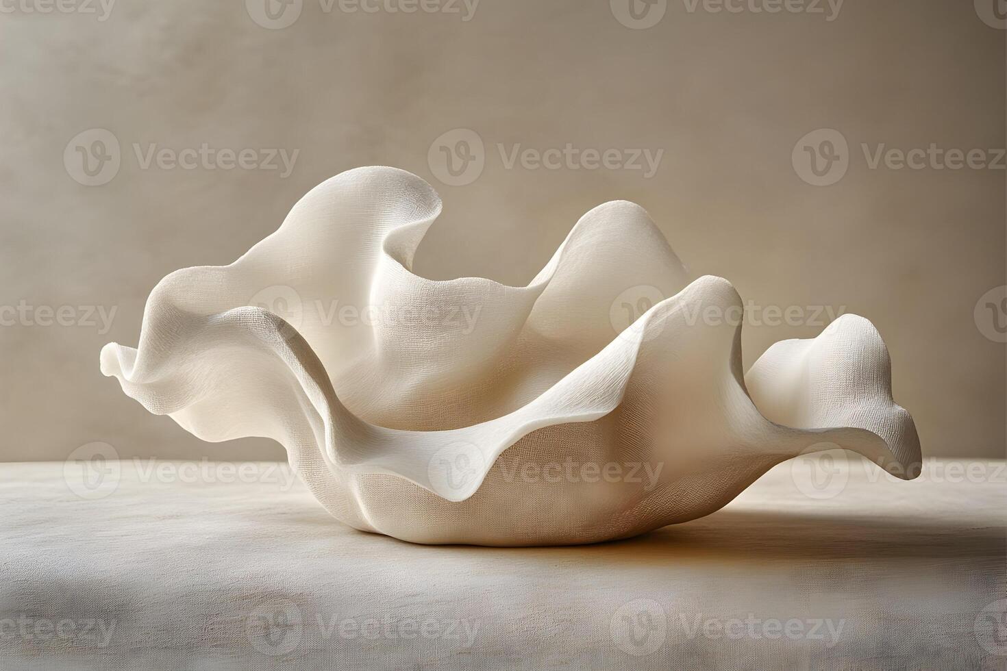 Abstract white sculptural form resembling flowing fabric or waves, resting on a beige surface. photo