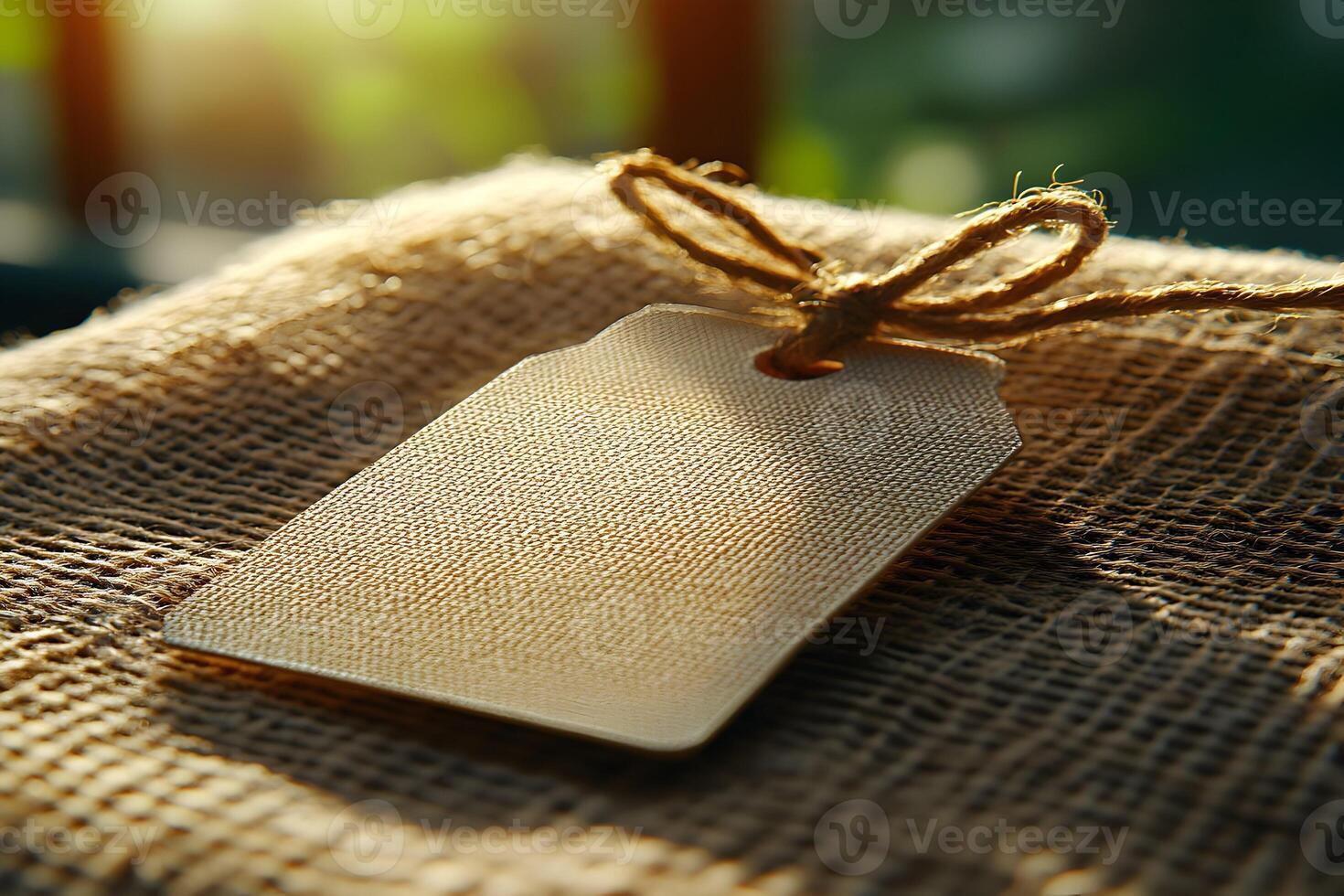 Blank wooden tag tied with twine on burlap. photo