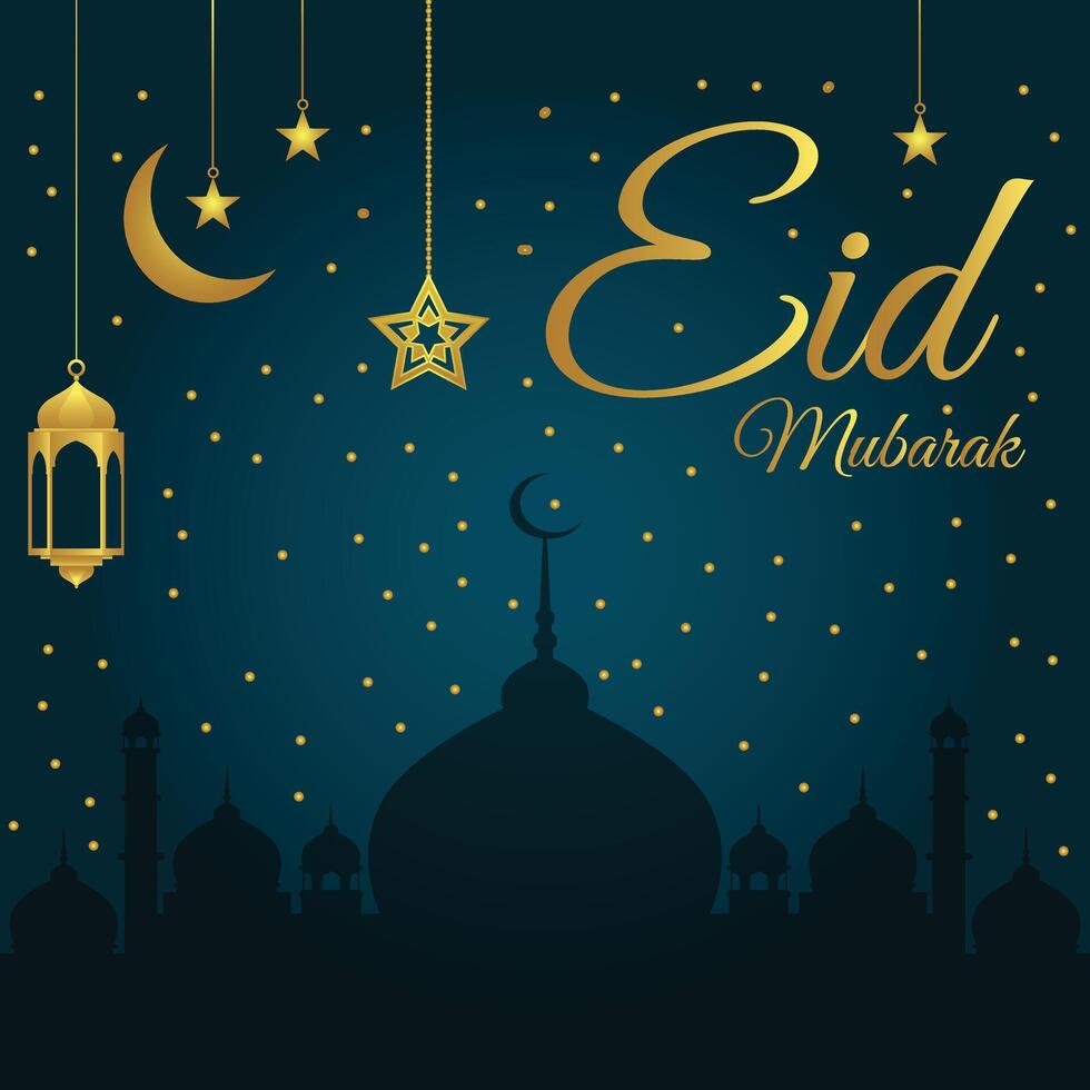 Eid Mubarak Arabic Islamic luxury gradient Background with Islamic decorative lantern ornaments, star, mosque. Eid Mubaarak greeting card. vector
