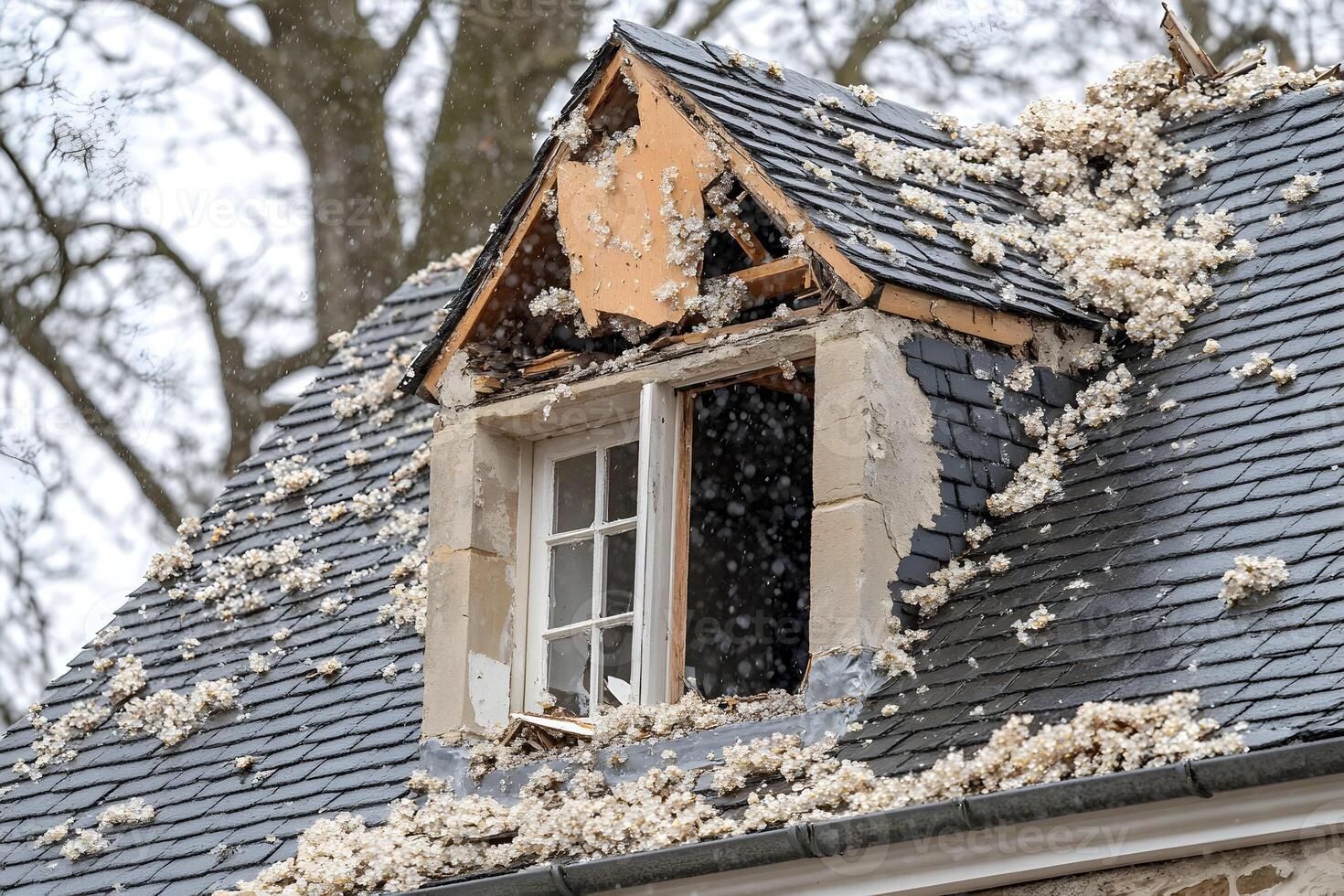 Damaged dormer window and roof covered in debris after a storm. photo