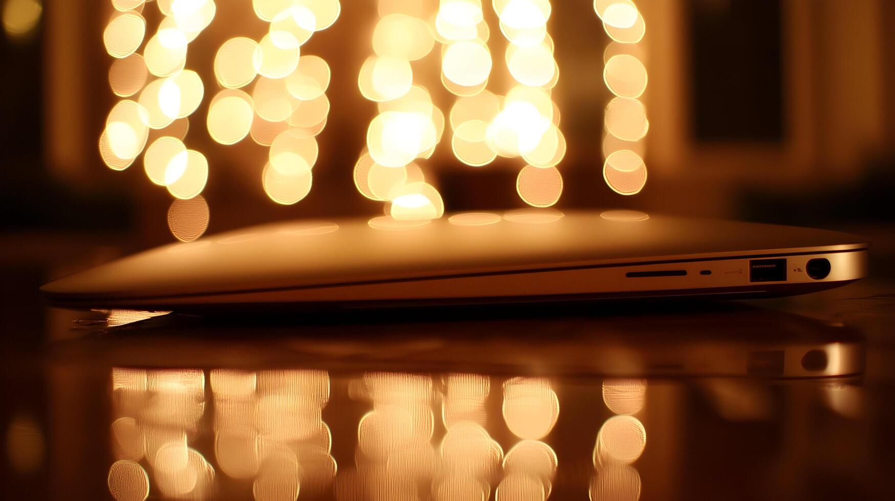 Laptop on table with bokeh lights. photo