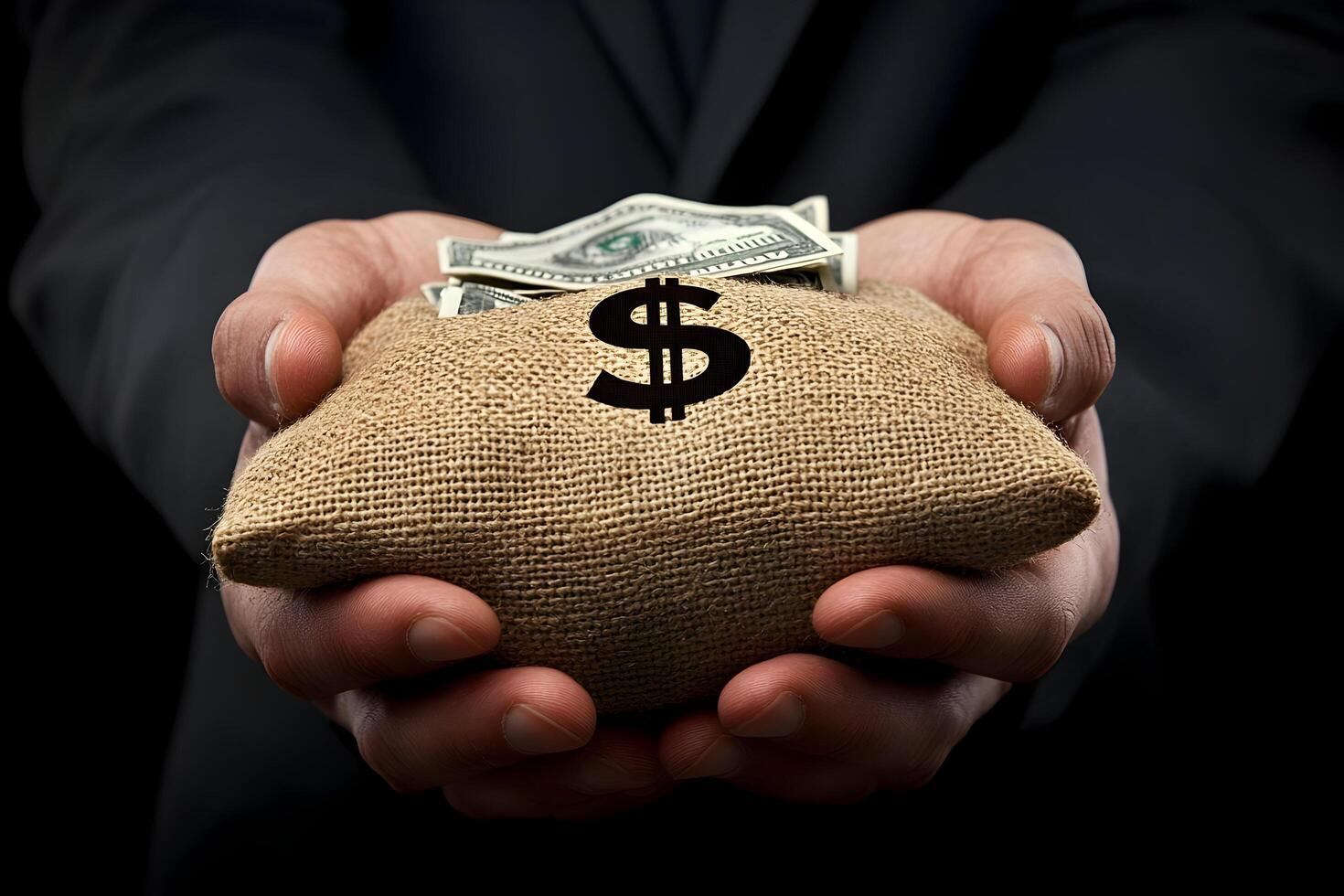 Hands holding a burlap sack full of money. photo