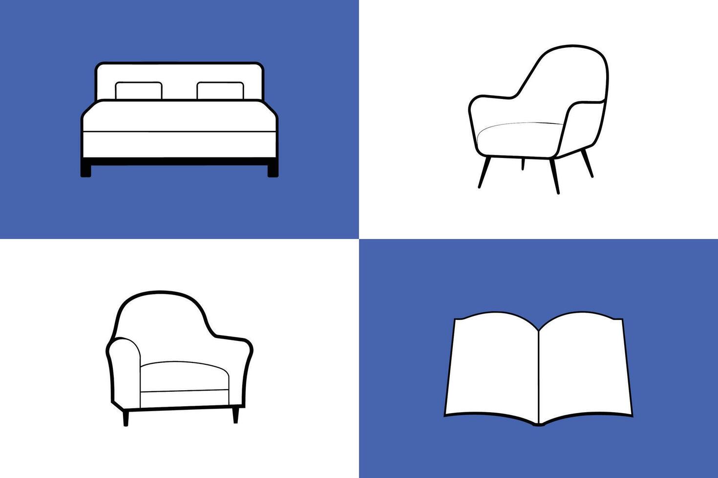 four different icons of furniture and books vector