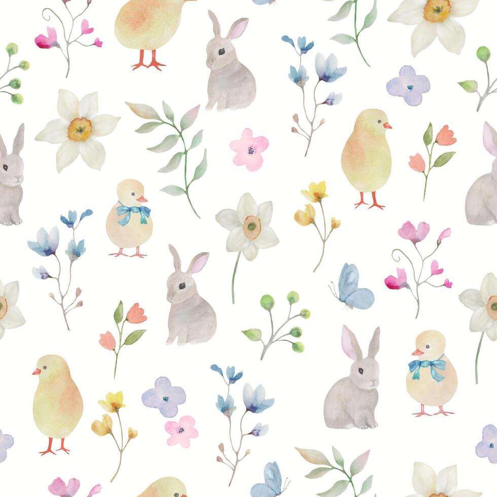 Watercolor Easter bunnies and chicks with a spring floral seamless pattern. Hand-drawn illustration on a pastel background. vector