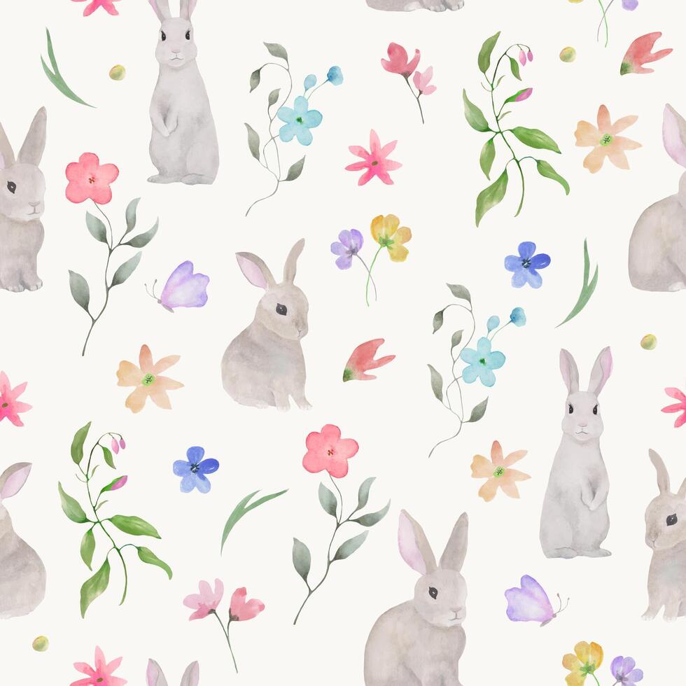Seamless watercolor pattern with spring floral, easter bunnies. Hand drawn illustration. vector
