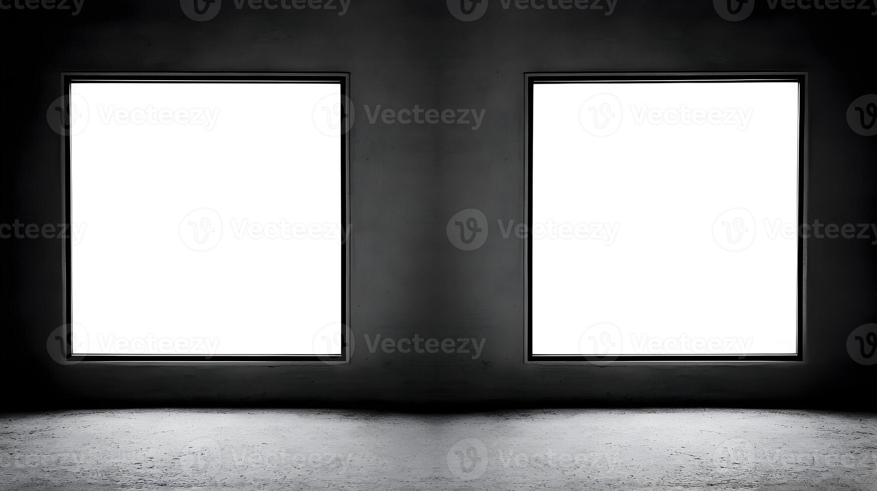 Two blank white square frames on dark wall. photo