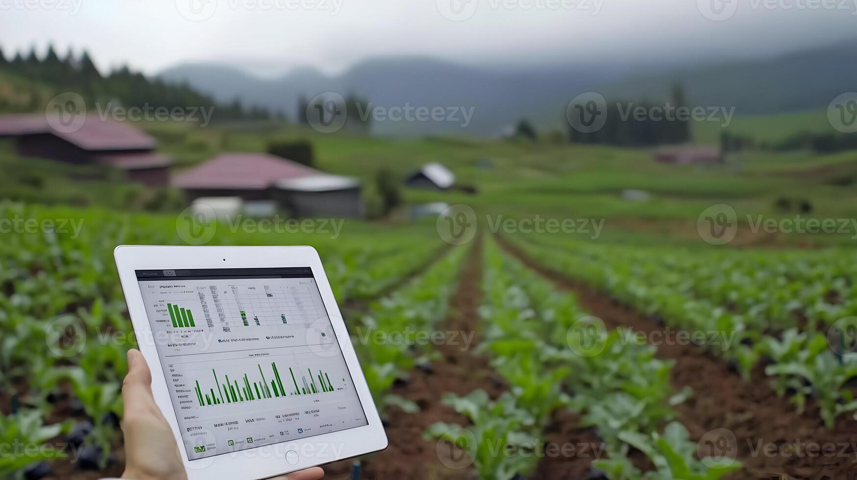 Tablet displays farm data in rural landscape. photo