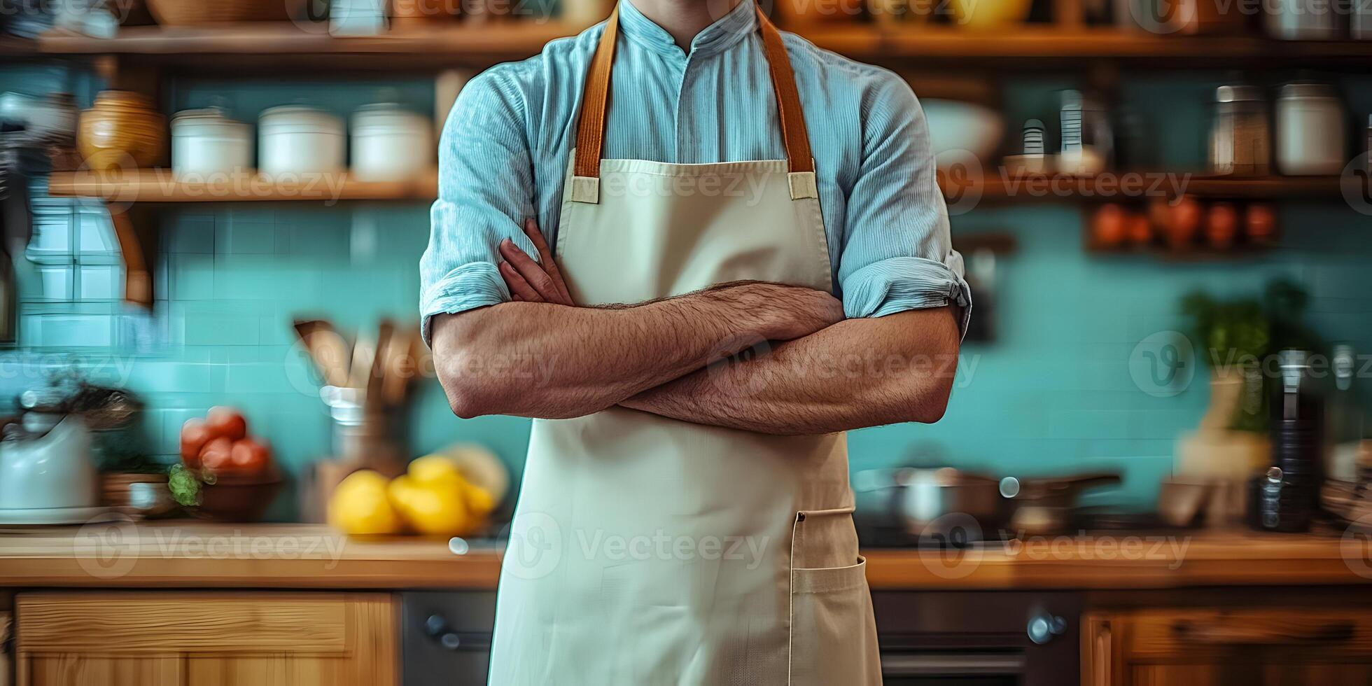 Confident chef standing in kitchen with arms crossed. photo