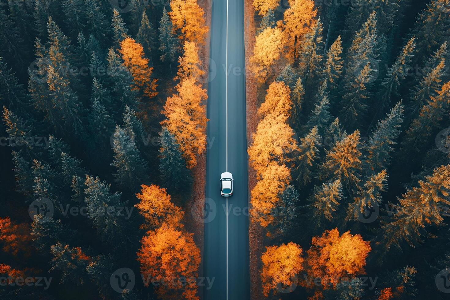 Aerial view of a car driving on a road through an autumn forest. photo