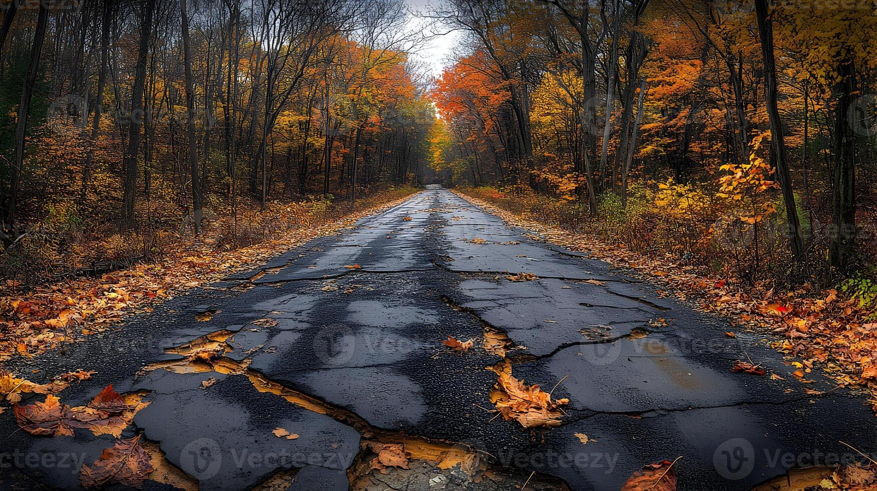 Crackled asphalt road through autumn forest. photo