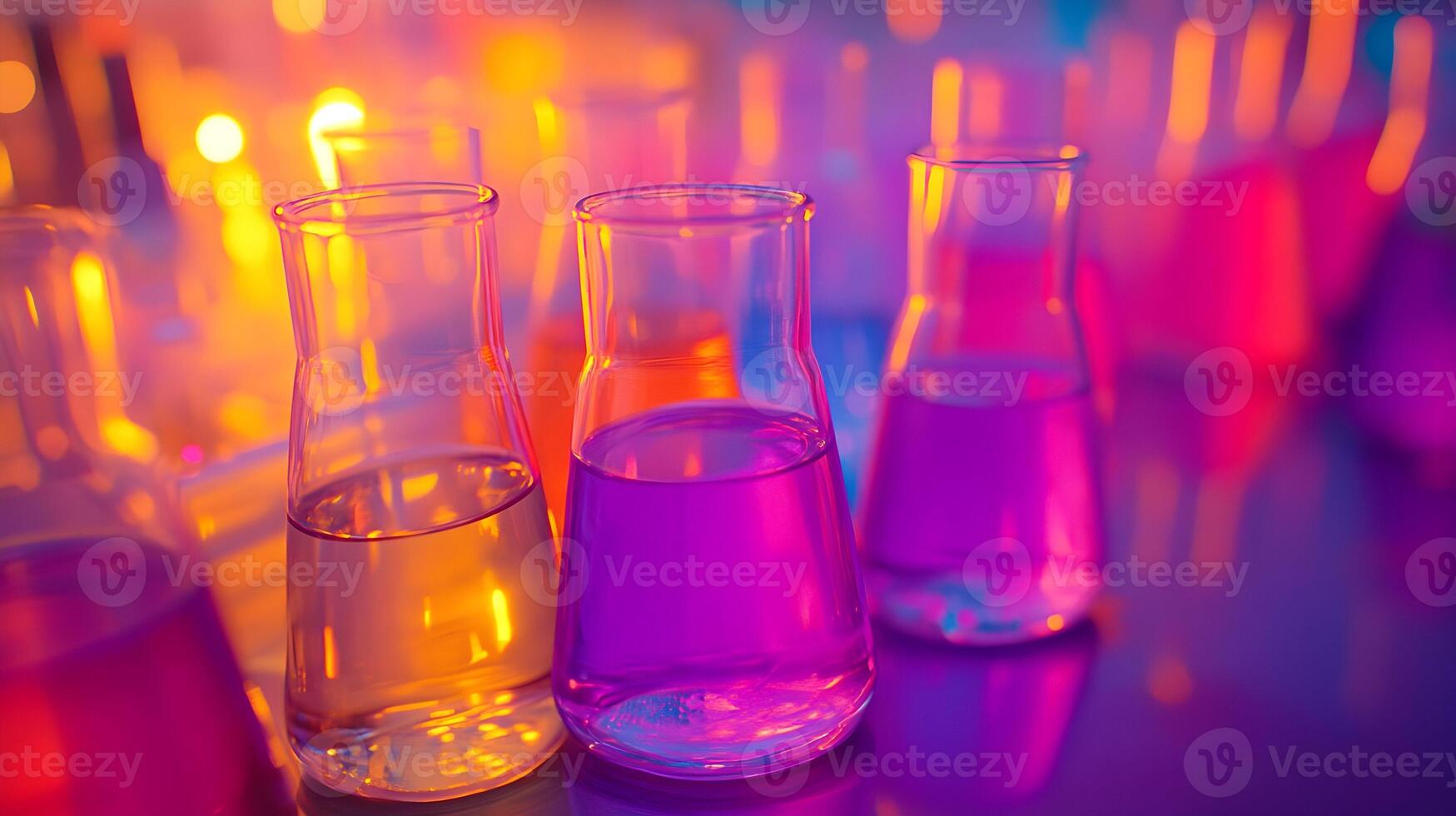Colorful liquids in Erlenmeyer flasks on a reflective surface with blurred lights in the background. photo