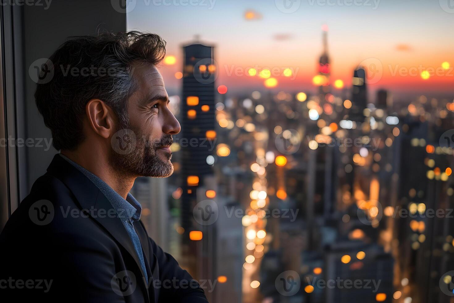 Man in suit looks out at city lights at sunset. photo