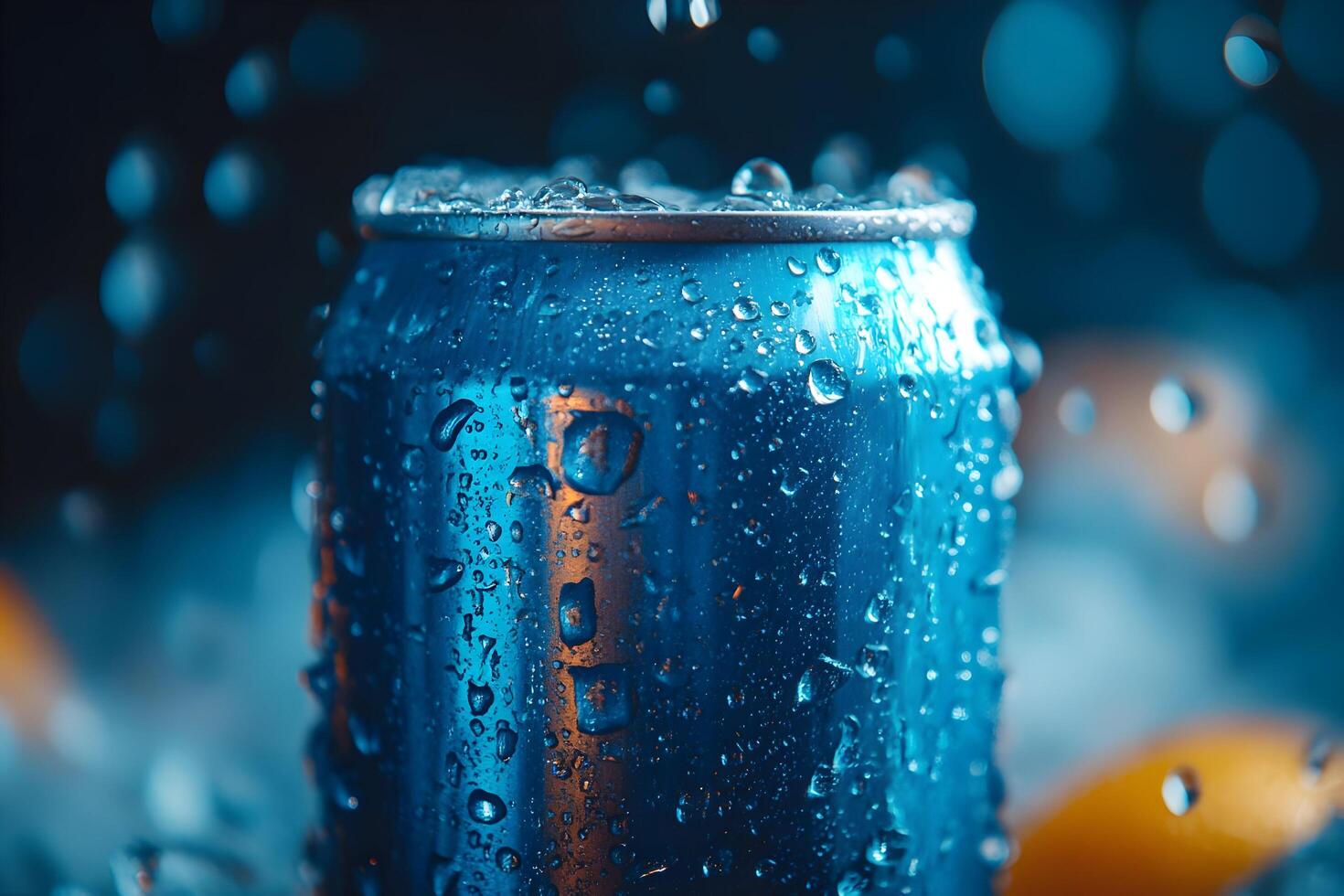 Close-up of a cold, condensation-covered aluminum can. photo