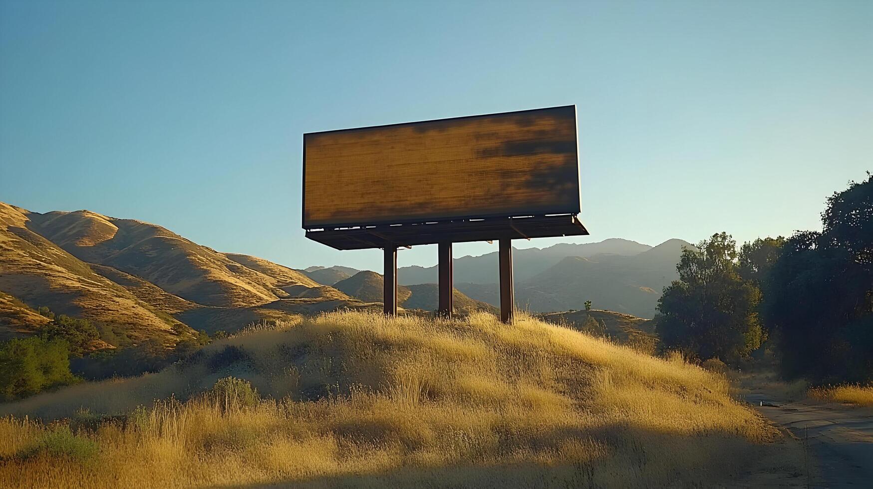 Blank billboard on a hilltop, overlooking a mountain range. photo