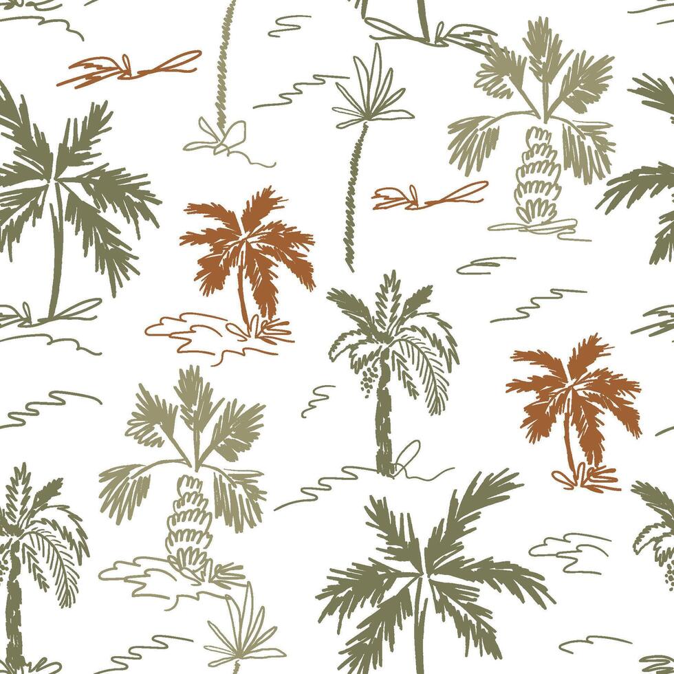 One line drawing tropical palm trees seamless pattern. Brown and green ink drawing jungle plants, sketch. Hand drawn summer vacation background, brush stroke texture, textile design, wallpaper. vector