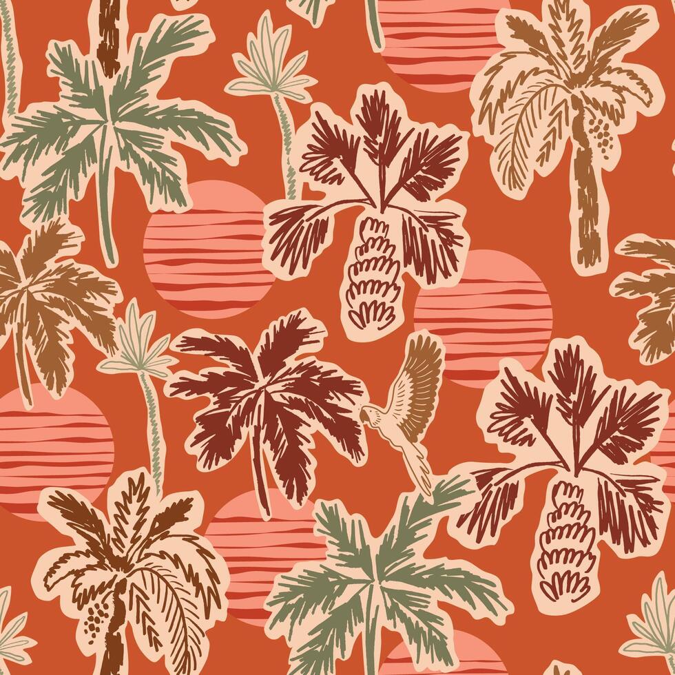 Tropical sunset seamless pattern with silhouettes of palm trees. Red summer vacation print with background of the setting sun, jungle plant Hand-drawn textile design, wallpaper in collage style vector