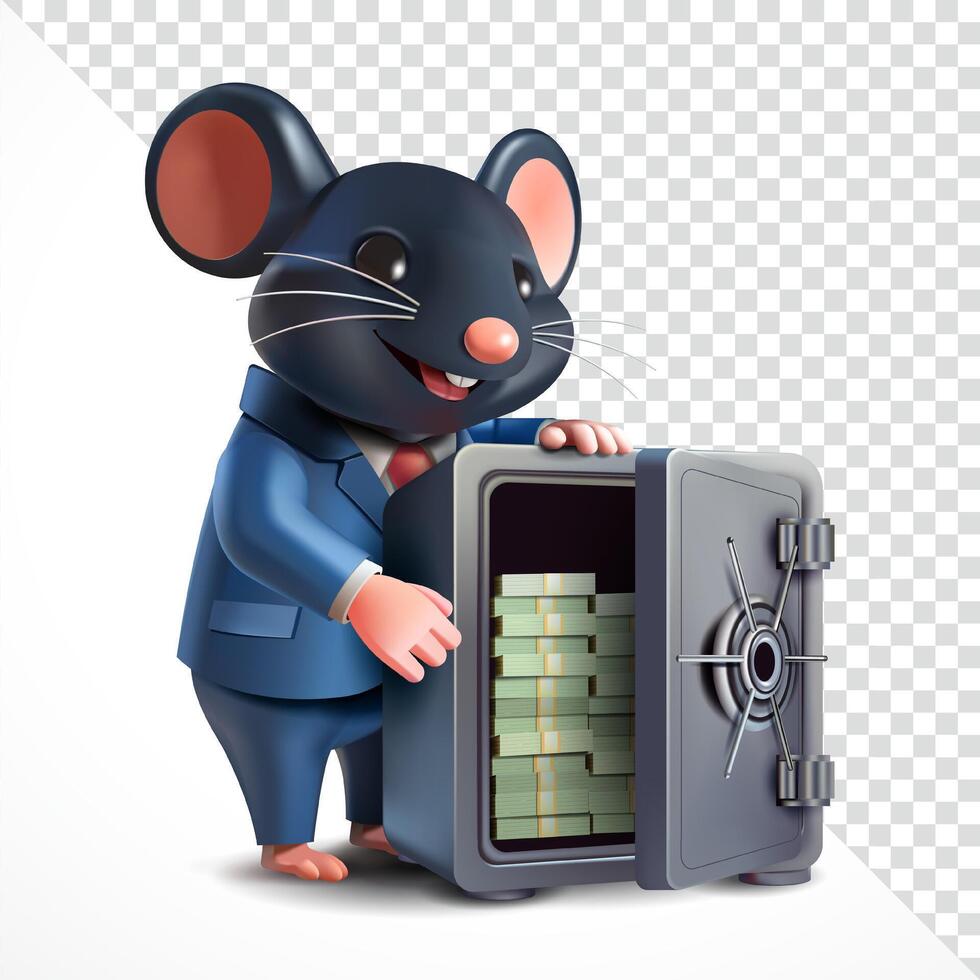 Rat in suit holding a safe box containing money, 3D. Suitable for business and design elements vector