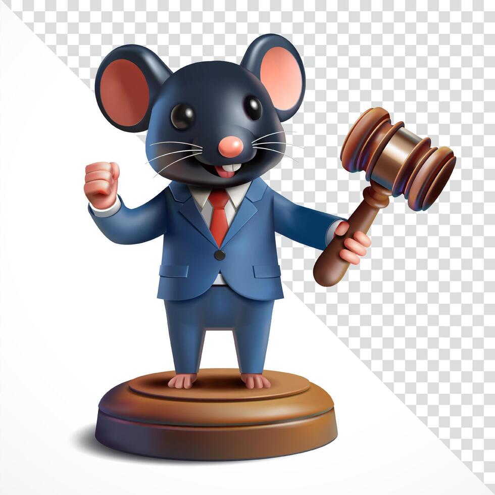 Rat in suit holding judge's gavel, 3d. Suitable for business and design elements vector