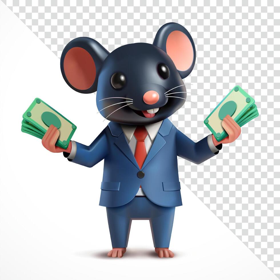 Rat in suit happy holding money, 3d. Suitable for business and design elements vector