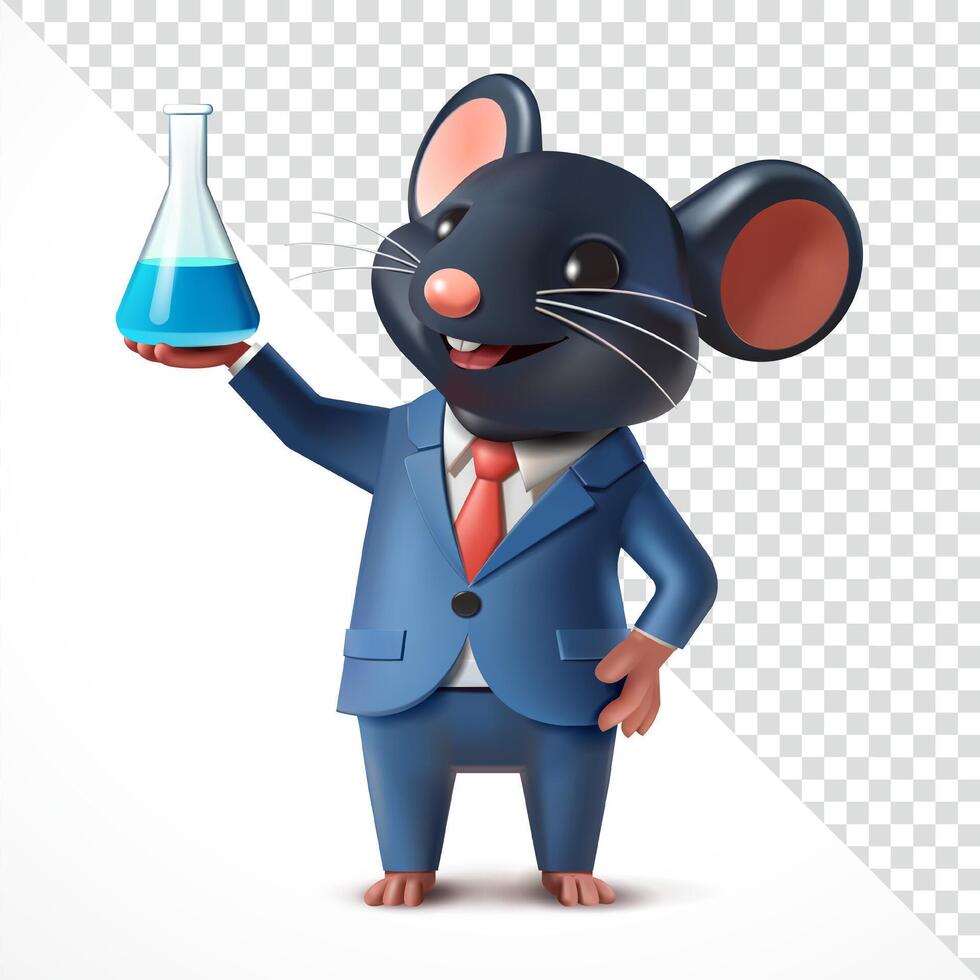 Rat in suit holding beaker, 3D. Suitable for business, science and design elements. vector
