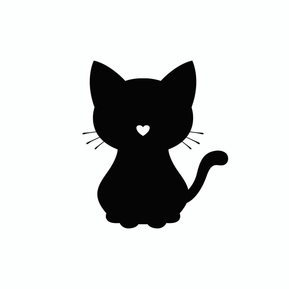 Cute Black Cat Silhouette with Heart Design for Pet Lovers, Ideal for Children's Decor, Stickers, and T-shirts vector