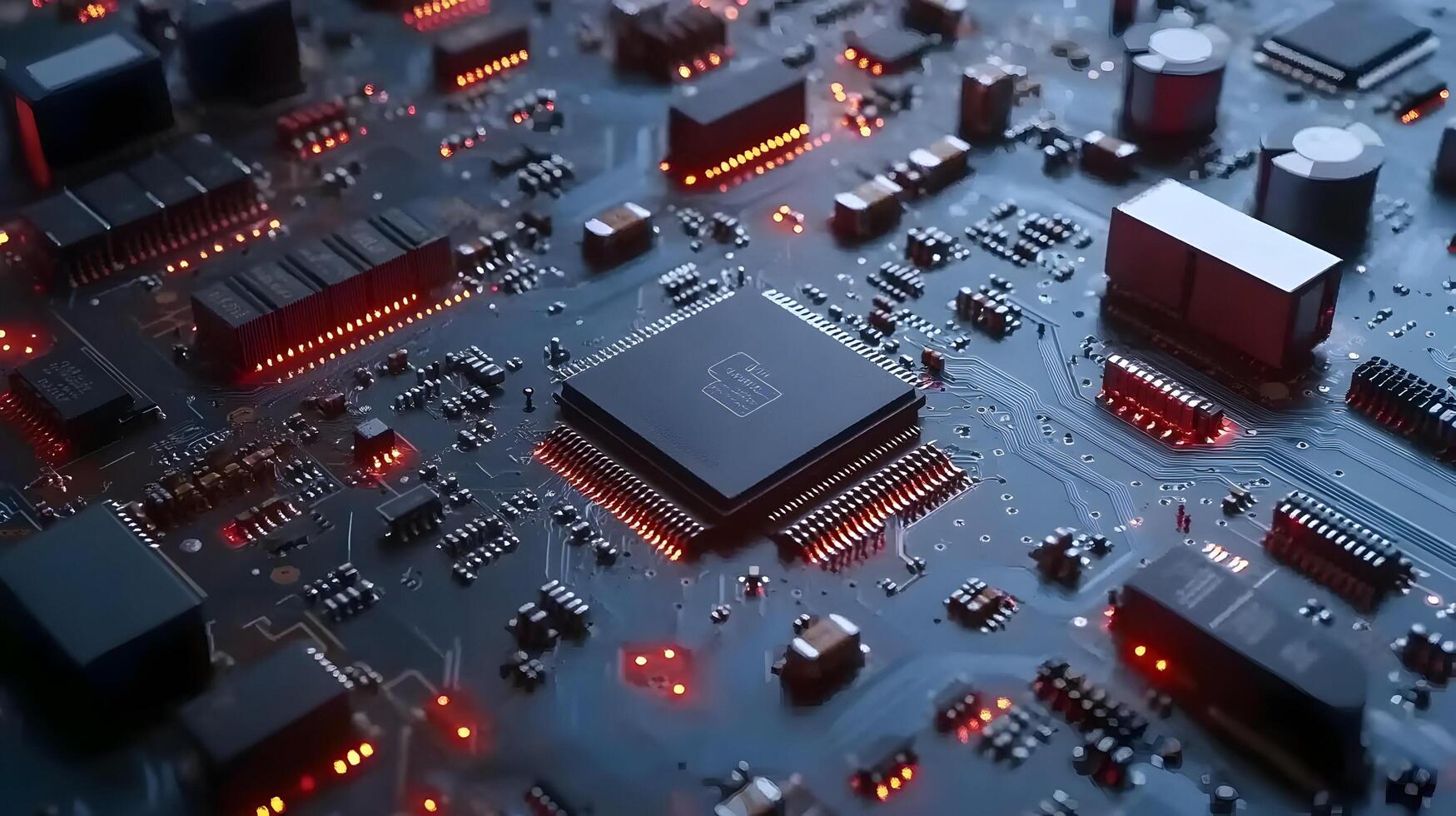Close-up of a circuit board with a central processor featuring a security icon. photo