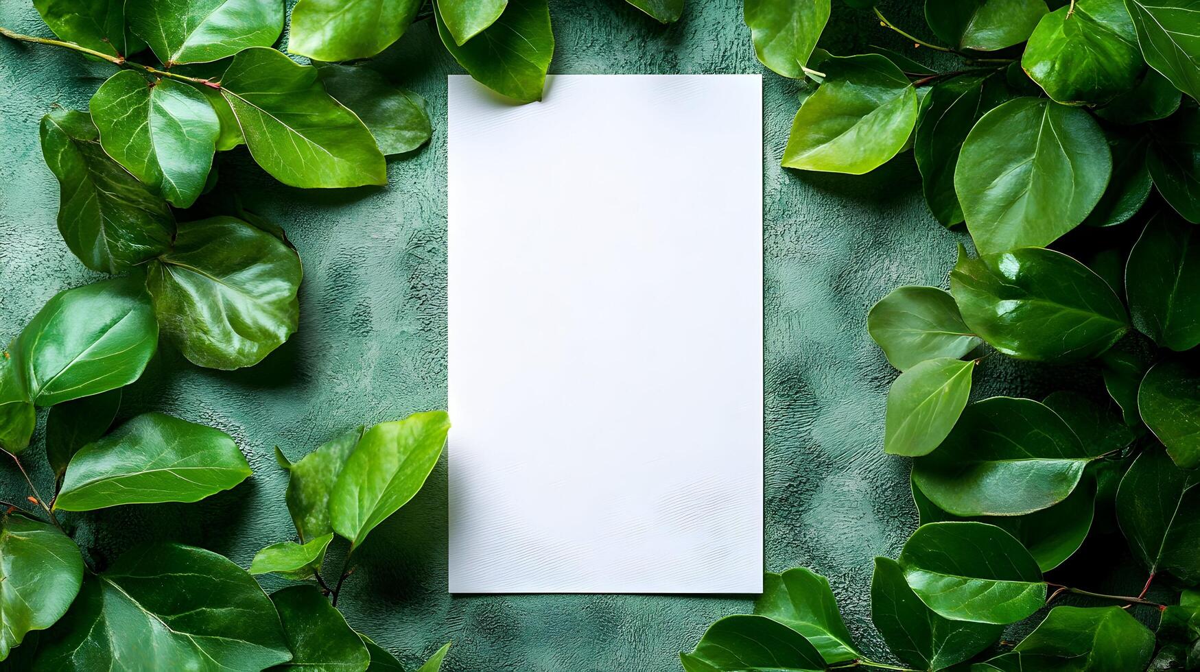 Blank paper surrounded by green leaves on a textured background. photo