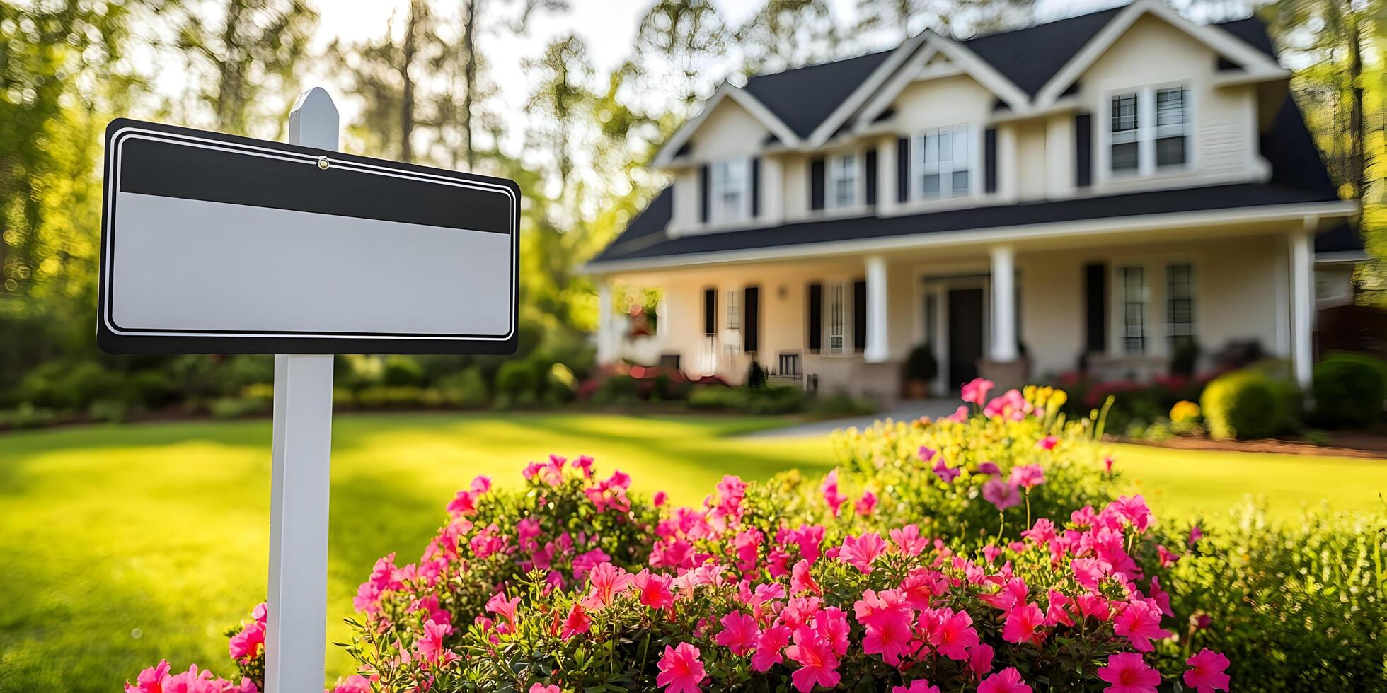 Blank real estate sign in front of house. photo