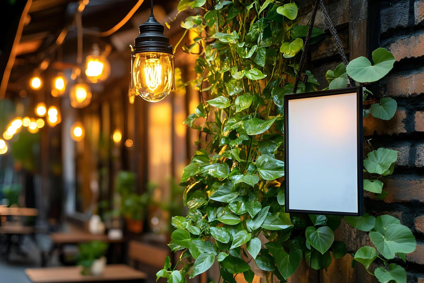 Blank signboard on brick wall, illuminated at night with greenery. photo