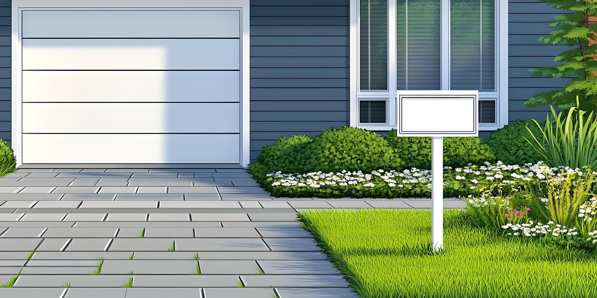 Blank sign in front of a house with a garage and landscaping. photo