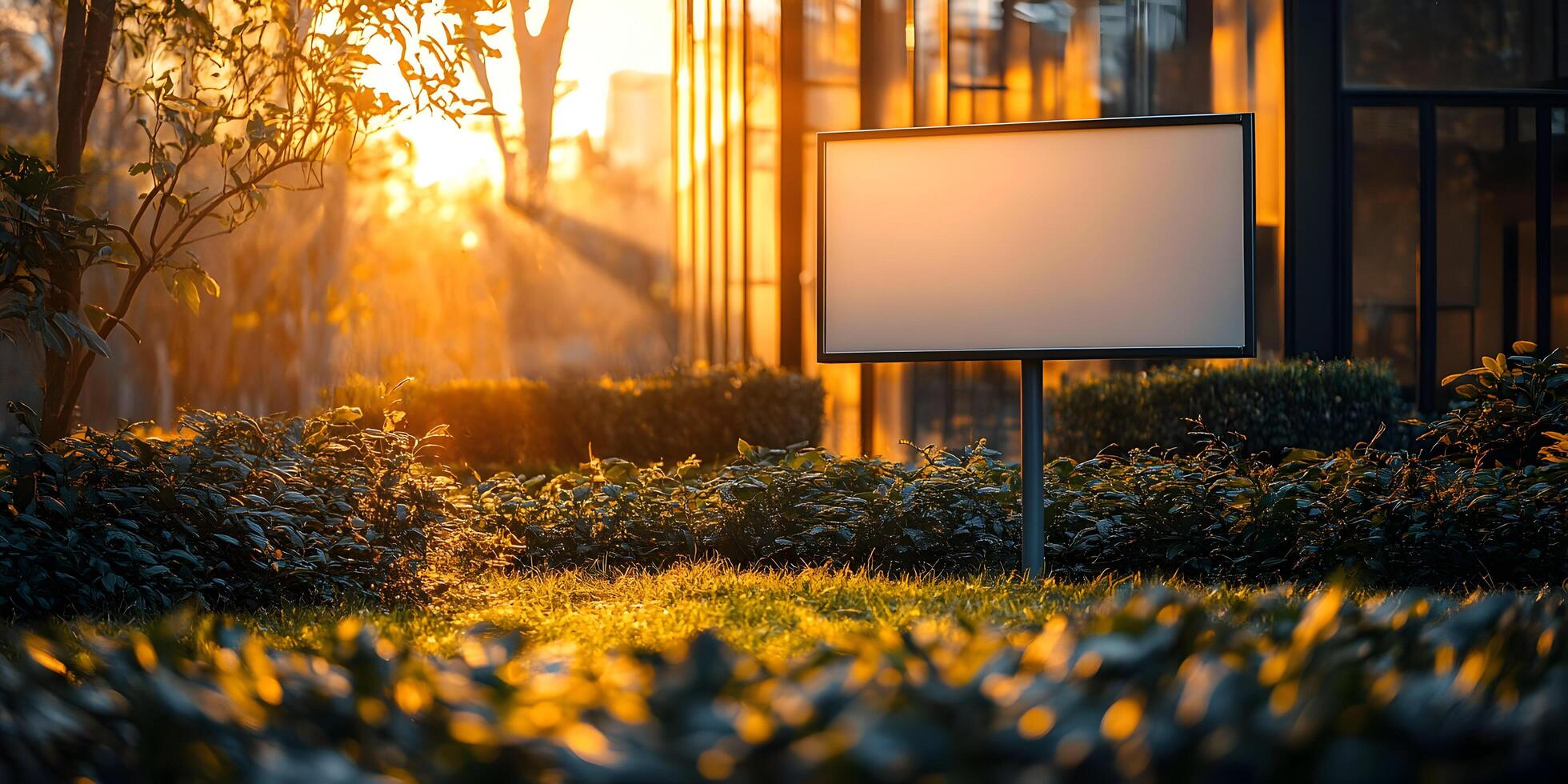 Blank signage in a park at sunset. photo