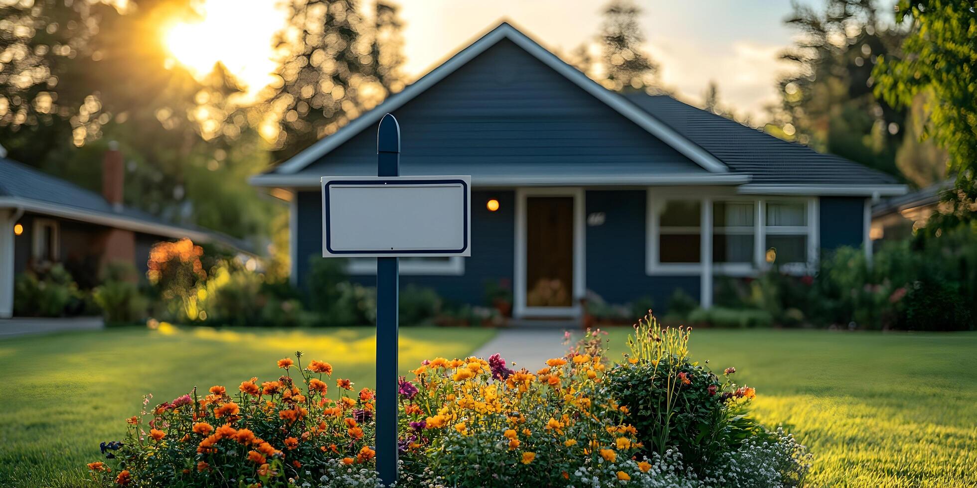 Blank sign in front of a house at sunset. photo