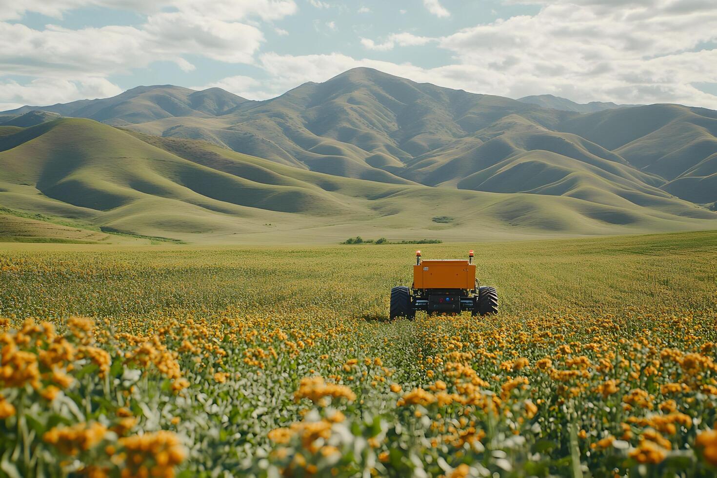 Autonomous vehicle in a field of yellow flowers with mountains in the background. photo