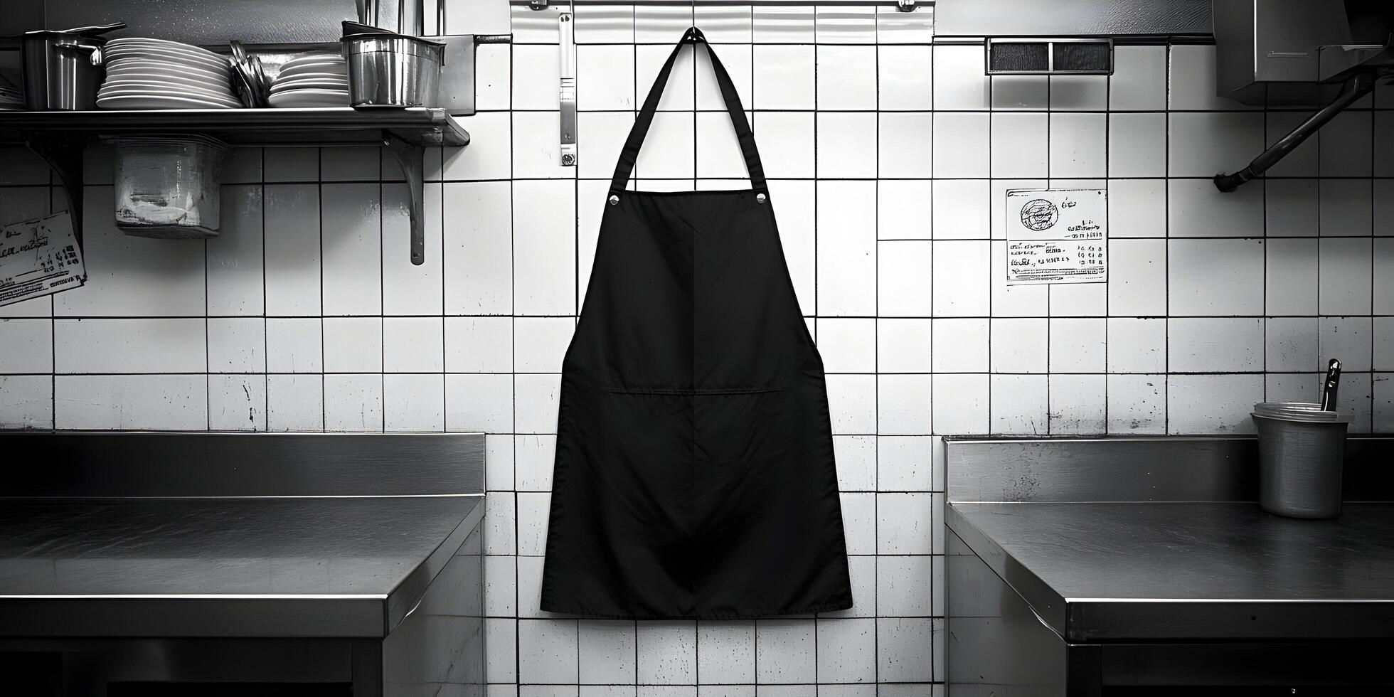 Black apron hanging in a monochrome kitchen. photo