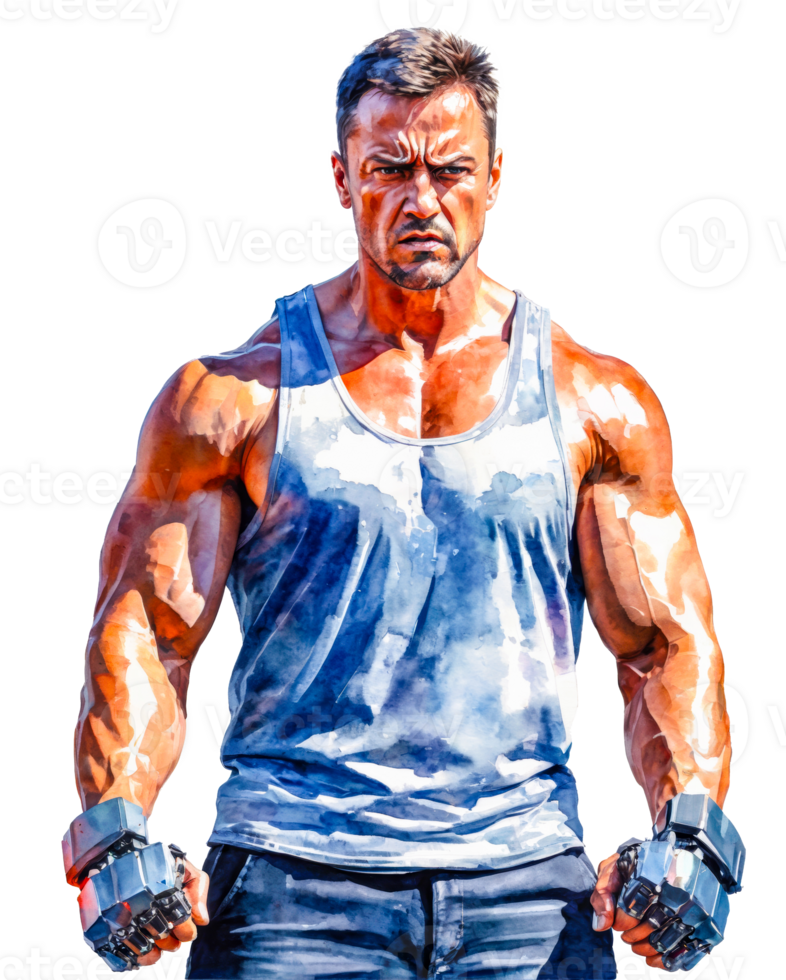 Fit and handsome fighter with steel knuckle gloves poised for action. png