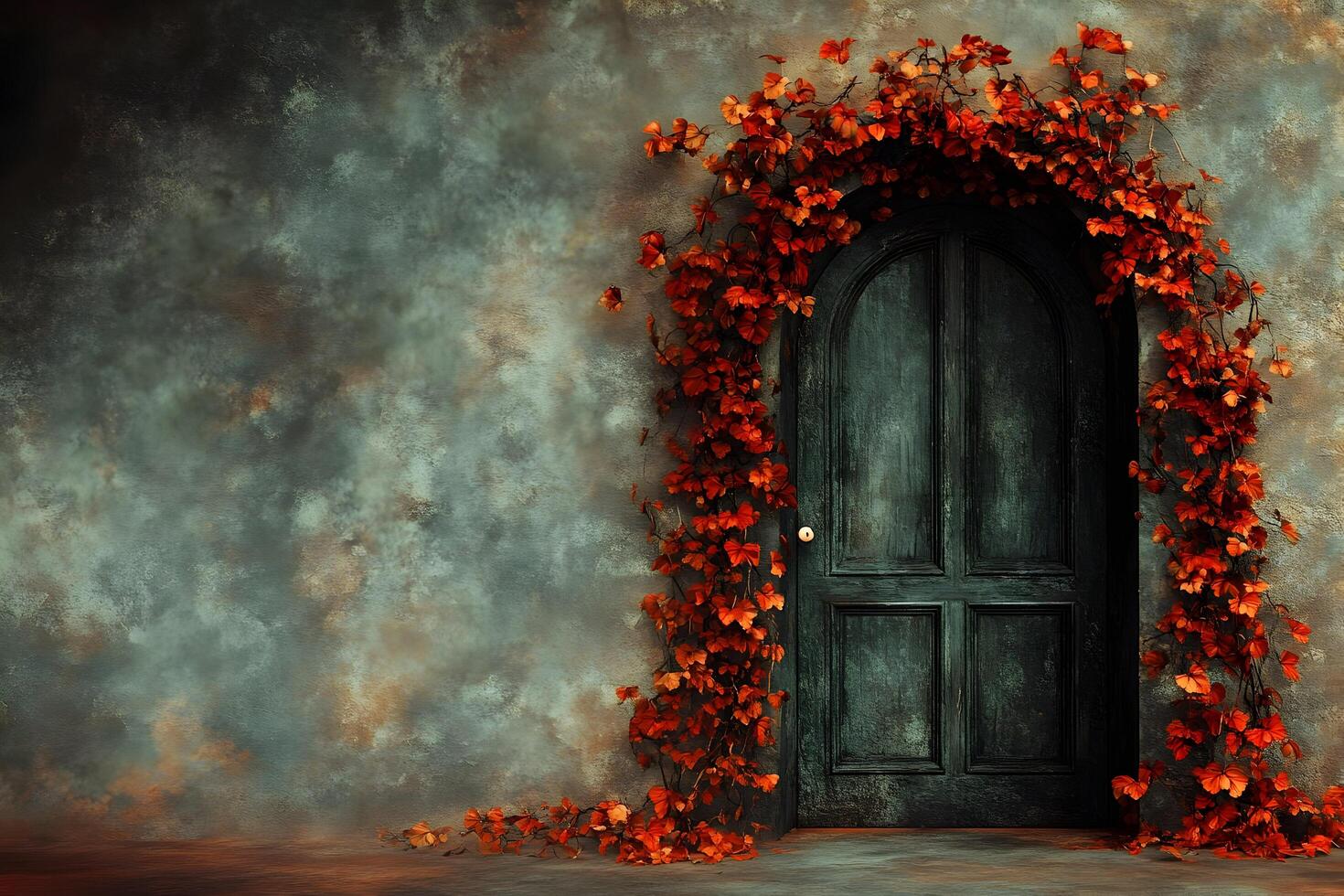 Autumn leaves frame old wooden door on grunge wall. photo